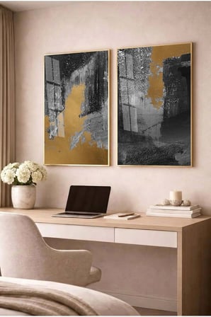 Siyah ve Gold Varak Etkili Soyut 2'li Cam Tablo Seti - Gold Metal Çerçeveli Ev Ve Ofis Tablosu