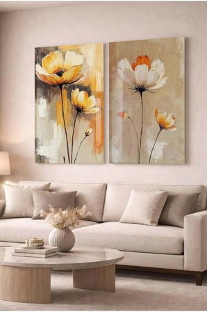 Turuncu ve Sarı Çiçekli Floral Modern 2'li Dekoratif Cam Tablo Seti Ofis Ve Ev Tablosu