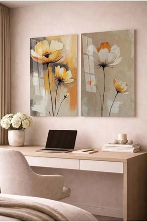 Turuncu ve Sarı Çiçekli Floral Modern 2'li Dekoratif Cam Tablo Seti Ofis Ve Ev Tablosu