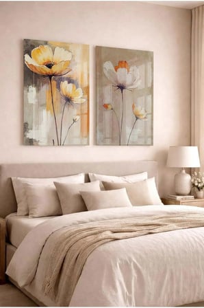 Turuncu ve Sarı Çiçekli Floral Modern 2'li Dekoratif Cam Tablo Seti Ofis Ve Ev Tablosu