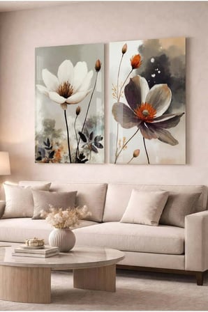 Gri Ve Beyaz Çiçekli Floral Modern 2'li Dekoratif Cam Tablo Seti Ofis Ve Ev Tablosu