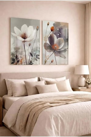 Gri Ve Beyaz Çiçekli Floral Modern 2'li Dekoratif Cam Tablo Seti Ofis Ve Ev Tablosu