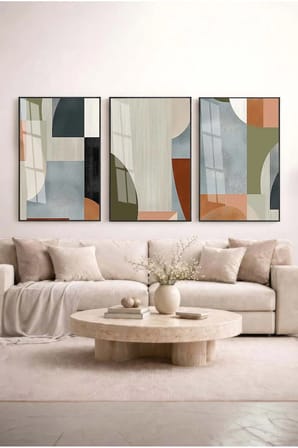 Bauhaus Harmonisi Pastel Tonlu Soyut 3'lü Cam Tablo Seti Siyah Metal Çerçeveli Ev Ve Ofis Tablosu