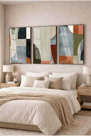Bauhaus Harmonisi Pastel Tonlu Soyut 3'lü Cam Tablo Seti Siyah Metal Çerçeveli Ev Ve Ofis Tablosu