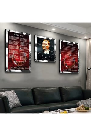 Gümüş Aynalı Pleksi Çerçeveli Atatürk İstiklal Marşı Ve Gençliğe Hitabe Saatli MDF Tablo Seti