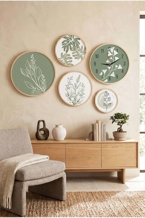 5 Parça Yuvarlak Ahşap Çerçeveli Yeşil Ve Beyaz Minimalist Bitkiler Tablo Ve Saat Seti