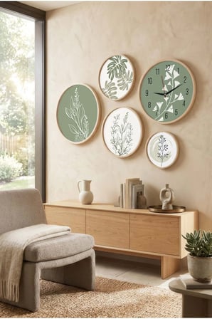 5 Parça Yuvarlak Ahşap Çerçeveli Yeşil Ve Beyaz Minimalist Bitkiler Tablo Ve Saat Seti