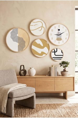 5 Parça Yuvarlak Ahşap Çerçeveli Pastel Tonlarda Soyut Şekiller Tablo Ve Saat Seti