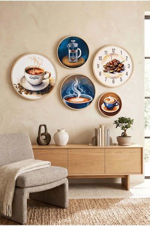 5 Parça Yuvarlak Ahşap Çerçeveli Pastel Tonlarda Kahve Teması Tablo Ve Saat Seti