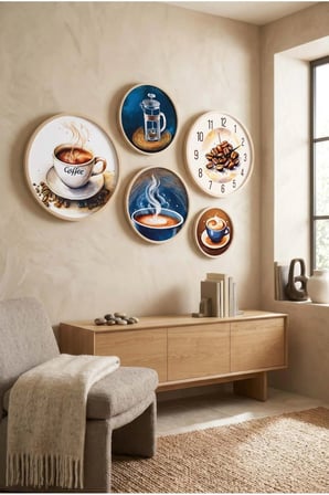 5 Parça Yuvarlak Ahşap Çerçeveli Pastel Tonlarda Kahve Teması Tablo Ve Saat Seti