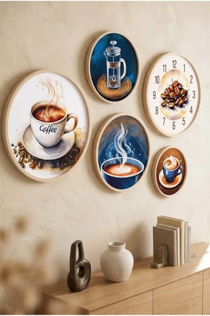 5 Parça Yuvarlak Ahşap Çerçeveli Pastel Tonlarda Kahve Teması Tablo Ve Saat Seti