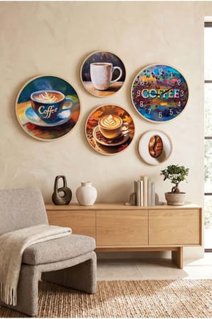 5 Parça Yuvarlak Ahşap Çerçeveli Coffee Yazılı Renkli Kahve Teması Tablo Ve Saat Seti