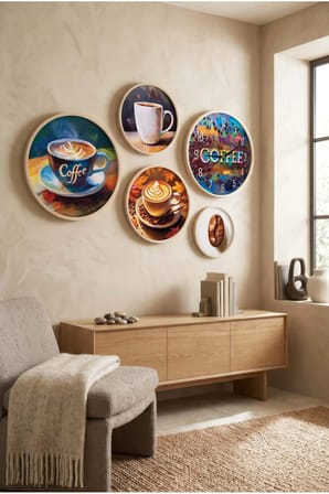 5 Parça Yuvarlak Ahşap Çerçeveli Coffee Yazılı Renkli Kahve Teması Tablo Ve Saat Seti