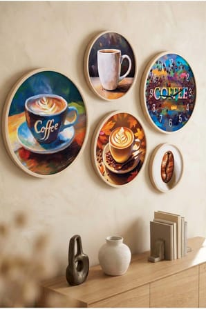 5 Parça Yuvarlak Ahşap Çerçeveli Coffee Yazılı Renkli Kahve Teması Tablo Ve Saat Seti