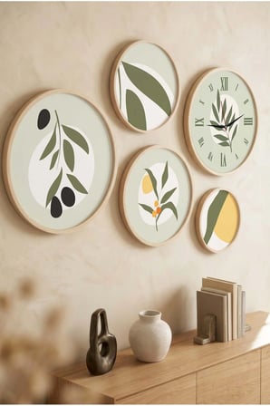 5 Parça Yuvarlak Ahşap Çerçeveli Yeşil Minimalist Bitkiler Tablo Ve Saat Seti