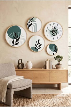 5 Parça Yuvarlak Ahşap Çerçeveli Minimalist Çizgiler Ve Siyah Bitki Tablo Ve Saat Seti