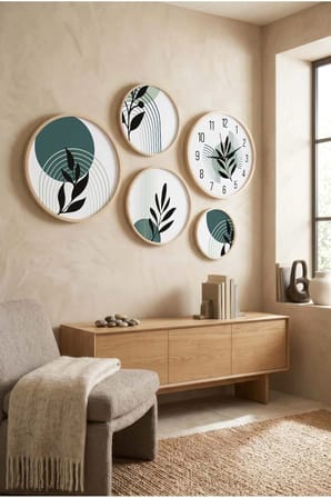 5 Parça Yuvarlak Ahşap Çerçeveli Minimalist Çizgiler Ve Siyah Bitki Tablo Ve Saat Seti