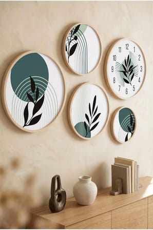 5 Parça Yuvarlak Ahşap Çerçeveli Minimalist Çizgiler Ve Siyah Bitki Tablo Ve Saat Seti