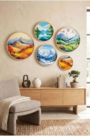 5 Parça Yuvarlak Ahşap Çerçeveli Yağlı Boya Tarzında Yaz Teması Tablo Ve Saat Seti