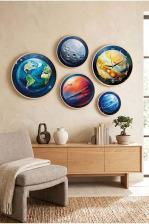 5 Parça Yuvarlak Ahşap Çerçeveli Renkli Gezegenler Tablo Ve Saat Seti