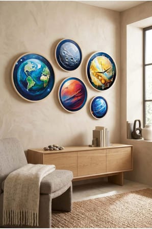5 Parça Yuvarlak Ahşap Çerçeveli Renkli Gezegenler Tablo Ve Saat Seti
