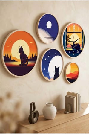 5 Parça Yuvarlak Ahşap Çerçeveli Gün Batımı Ve Ay Temasında Kediler Tablo Ve Saat Seti