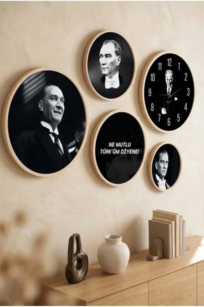 5 Parça Yuvarlak Ahşap Çerçeveli Siyah Ve Beyaz M.kemal Atatürk Tablo Ve Saat Seti