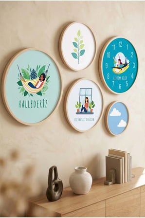 5 Parça Yuvarlak Ahşap Çerçeveli Renkli Minimalist Motto Sözler Tablo Ve Saat Seti
