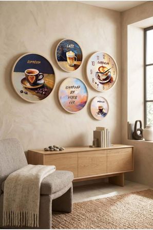 5 Parça Yuvarlak Ahşap Çerçeveli Yazılı Ve Minimalist Kahve Çeşitleri Tablo Ve Saat Seti