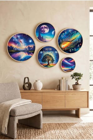 5 Parça Yuvarlak Ahşap Çerçeveli Uzay Temalı Pozitif Söz Tablo Ve Saat Seti