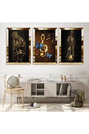 Gold Aynalı Pleksi Çerçeveli Müzik Modern Üçlü Mdf Tablo Seti