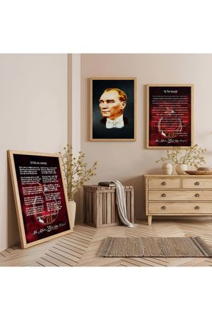 Ahşap Çerçeveli Atatürk İstiklal Marşı Ve Gençliğe Hitabe Üçlü Ahşap Tablo Seti