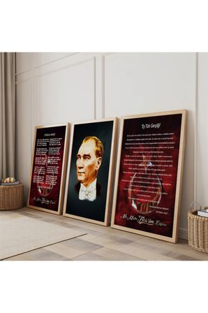 Ahşap Çerçeveli Atatürk İstiklal Marşı Ve Gençliğe Hitabe Üçlü Ahşap Tablo Seti