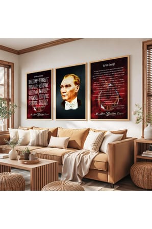 Ahşap Çerçeveli Atatürk İstiklal Marşı Ve Gençliğe Hitabe Üçlü Ahşap Tablo Seti