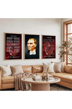 Ahşap Çerçeveli Atatürk İstiklal Marşı Ve Gençliğe Hitabe Üçlü Ahşap Tablo Seti