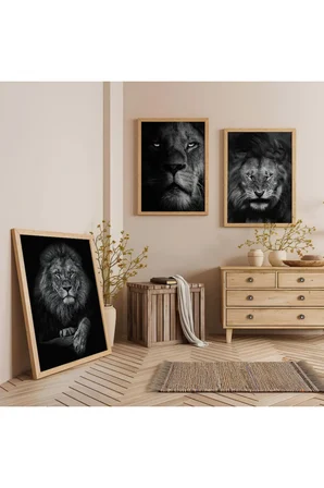 Ahşap Çerçeveli Ormalar Kralı Aslan Üçlü Ahşap Tablo Seti