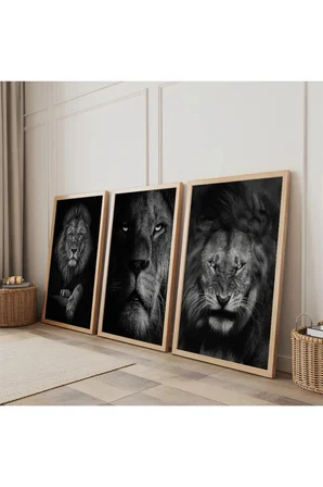 Ahşap Çerçeveli Ormalar Kralı Aslan Üçlü Ahşap Tablo Seti