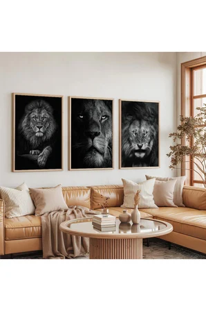 Ahşap Çerçeveli Ormalar Kralı Aslan Üçlü Ahşap Tablo Seti