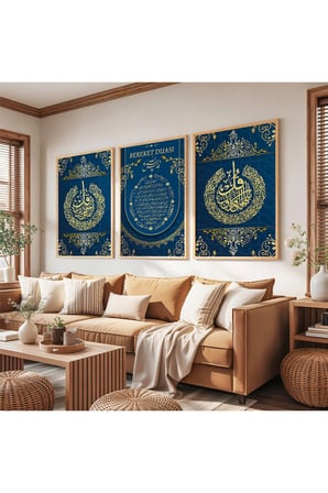 Ahşap Çerçeveli Bereket Duası Üçlü Ahşap Tablo Seti