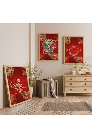Ahşap Çerçeveli Kırmızı Arka Planlı Gold Desenli Osmanlı Tuğrası Üçlü Ahşap Tablo Seti