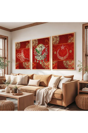 Ahşap Çerçeveli Kırmızı Arka Planlı Gold Desenli Osmanlı Tuğrası Üçlü Ahşap Tablo Seti