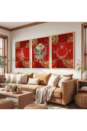 Ahşap Çerçeveli Kırmızı Arka Planlı Gold Desenli Osmanlı Tuğrası Üçlü Ahşap Tablo Seti