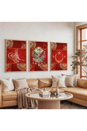 Ahşap Çerçeveli Kırmızı Arka Planlı Gold Desenli Osmanlı Tuğrası Üçlü Ahşap Tablo Seti
