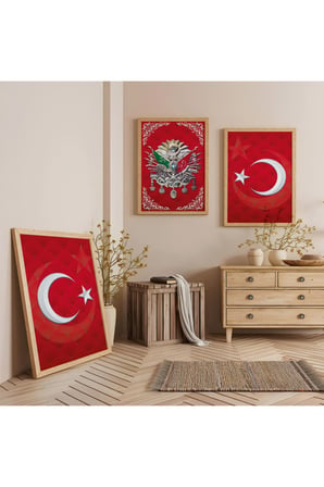 Ahşap Çerçeveli Kırmızı Arka Planlı Beyaz Desenli Osmanlı Tuğrası Üçlü Ahşap Tablo Seti