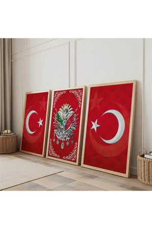 Ahşap Çerçeveli Kırmızı Arka Planlı Beyaz Desenli Osmanlı Tuğrası Üçlü Ahşap Tablo Seti