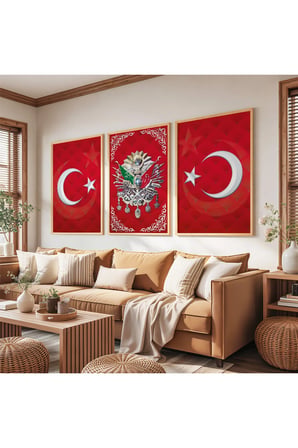 Ahşap Çerçeveli Kırmızı Arka Planlı Beyaz Desenli Osmanlı Tuğrası Üçlü Ahşap Tablo Seti