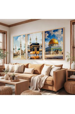 Ahşap Çerçeveli Kabe Mescidi Aksa Ve Nebevi Üçlü Ahşap Tablo Seti