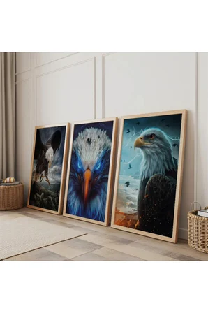 Ahşap Çerçeveli Kel Kartal Üçlü Ahşap Tablo Seti