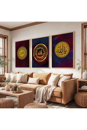 Ahşap Çerçeveli Allah Lafzı Dini Üçlü Ahşap Tablo Seti
