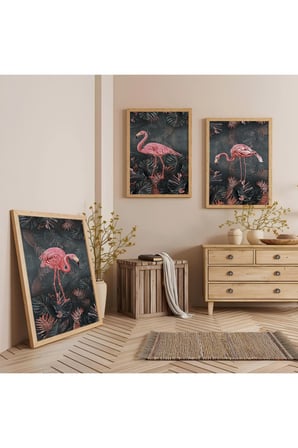 Ahşap Çerçeveli Flamingo Üçlü Ahşap Tablo Seti